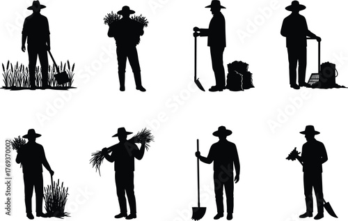 Silhouettes of farmers performing agricultural tasks with tools, crops, fertilizer, and field elements in rural farming vector illustration set