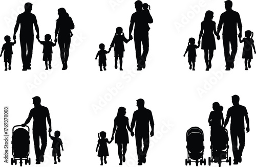 Silhouettes of Families Walking with Children and Strollers – Parenting, Caregiving, Outdoor Bonding, Diverse Family Structures, Love and Togetherness Concept