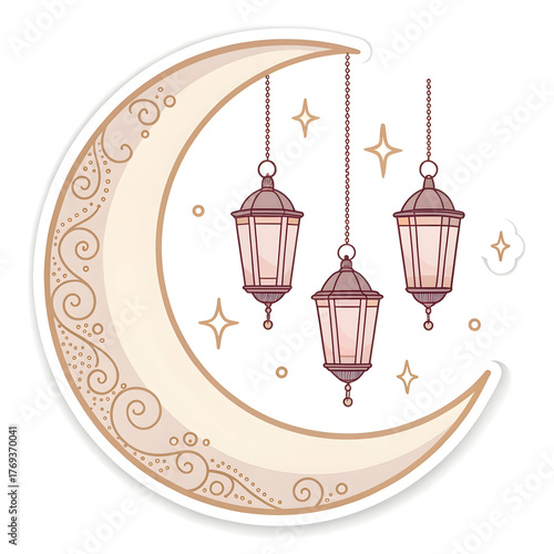 Crescent moon with hanging lanterns in sticker style, representing Islamic festivities and tradition