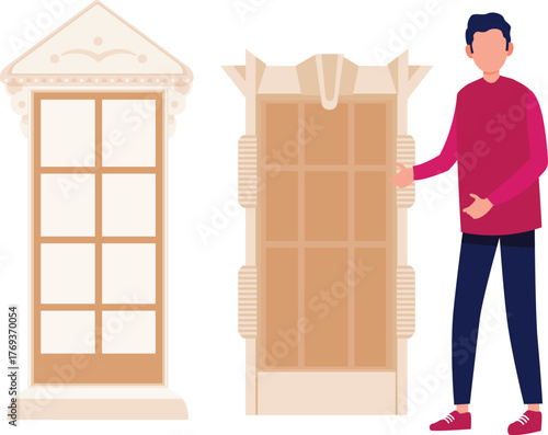 The boy is explaining building door exterior