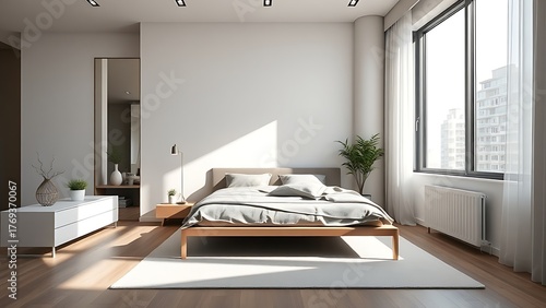 Modern bedroom interior with natural light, contemporary living space.