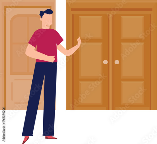 The boy is knocking door.