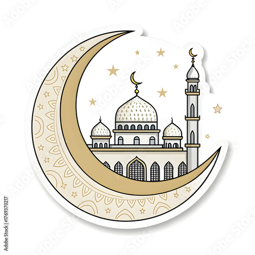 Crescent moon with a mosque inside in sticker style, symbolizing Islamic faith and tradition, isolated