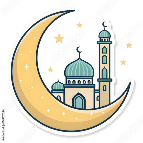 Crescent moon with a mosque inside in sticker style, symbolizing Islamic faith and tradition, isolated