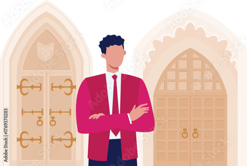 The boy is looking at wooden door.