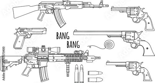 Vector illustration of different types of firearms and bullets