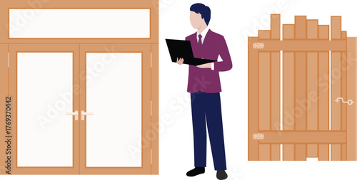 The boy is looking wooden door