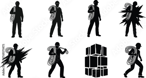 Silhouette construction workers carrying cables, electrician safety concept, industrial labor illustration, power line maintenance, energy repair, vector design for industry use