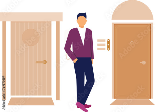 The boy is next to apartment door