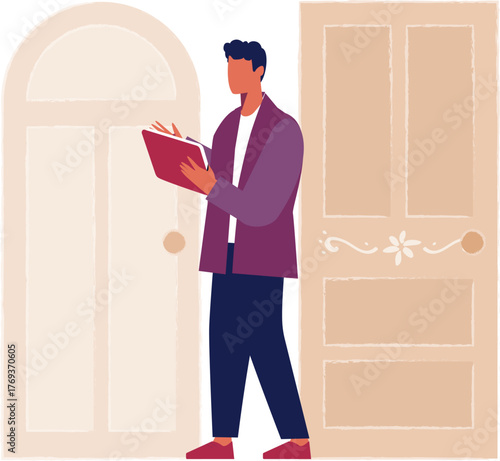 The boy is pointing about doors