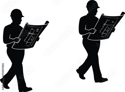 Silhouette of construction engineers examining blueprints, architecture planning concept, industrial design teamwork, professional builders reviewing project drawings illustration