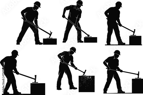 Silhouette construction workers using hammer, industrial labor concept, heavy work illustration, builder breaking concrete, strength and effort, vector design for construction industry