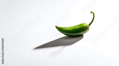 Single bright green chile pepper rests diagonally on a stark white background with a distinct shadow.