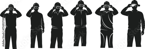 Silhouette of industrial workers adjusting safety goggles and helmets, construction safety concept, workplace protection, professional labor team illustration