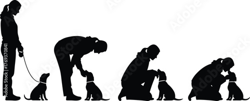 Silhouette of woman training and loving her dog, pet obedience concept, human animal bond, friendship, outdoor pet care illustration