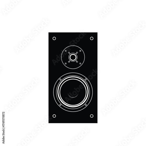 Modern black speaker with detailed woofer and tweeter design