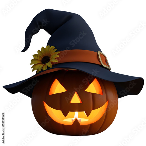 Pumpkin with witch hat isolated on transparent background