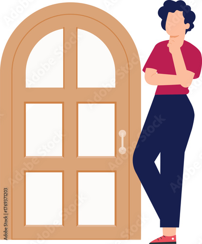 The boy is thinking about door pane