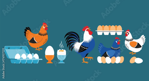 Fresh eggs and chickens farm illustration vector graphic design