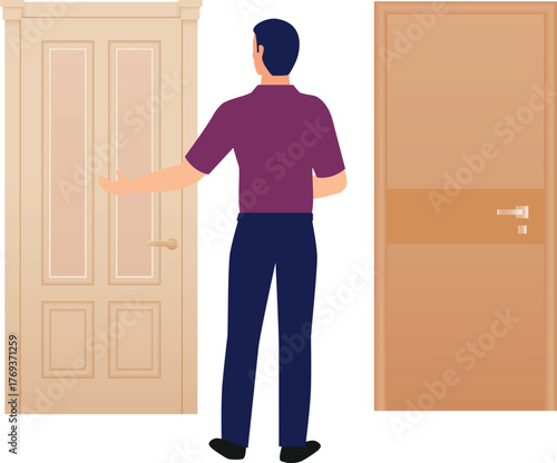 The boy is waiting outside door