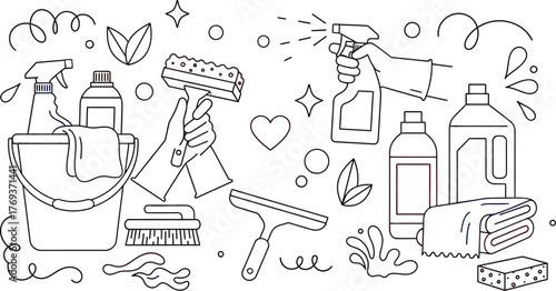 Cleaning supplies and tools for home cleaning service concept