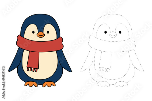 Cute penguin coloring pages for kids printable. Trace and color penguin wear scarf. Penguin winter animal flashcard. Winter illustration simple coloring page. Trace and color for kids, penguin vector.