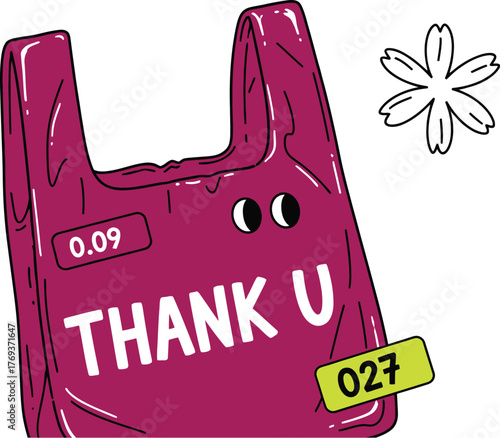 Pink thank you bag illustration with flower on green background