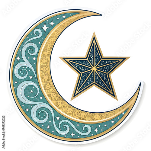 Crescent moon with star inside ornament in sticker style, symbolizing spirituality and tradition