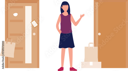 The girl is pointing on parcel at the door way