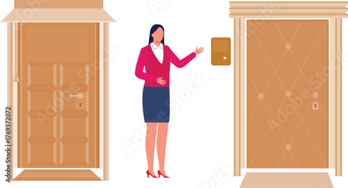 The girl is ringing door bell.