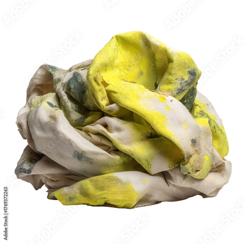 A crumpled pile of stained beige and yellow fabric representing contaminated material isolated on white