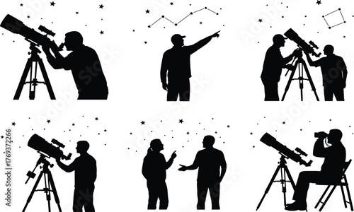 Silhouettes of People Stargazing with Telescopes, Observing Constellations, Night Sky Exploration, Astronomy Study, Cosmic Discovery, Celestial Map and Science Concept
