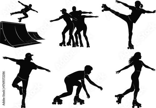Silhouettes of People Roller Skating Performing Dance Moves, Tricks, and Using Ramps for Fitness, Art, and Urban Recreation