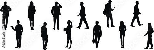 Business people silhouettes standing and walking, corporate communication concept, teamwork illustration, professional office workers group, 