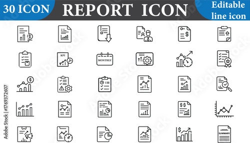 A versatile report icon set designed for business and finance projects. This set includes a variety of icons, perfect for enhancing presentations and reports.