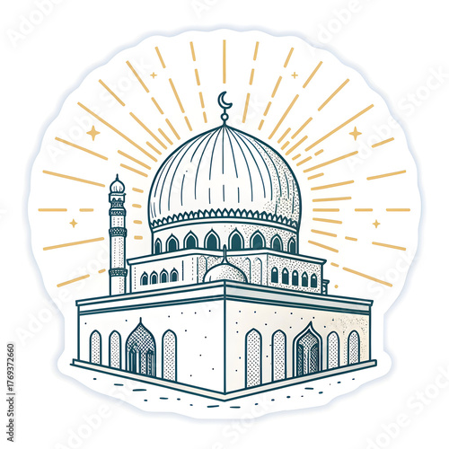 Glowing outline of mosque dome in sticker style, symbolizing Islamic architecture and spirituality,