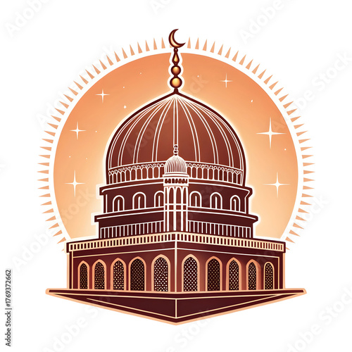Glowing outline of mosque dome in sticker style, symbolizing Islamic architecture and spirituality,
