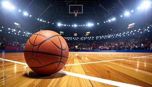 A close-up of a basketball resting on a wooden court in a packed stadium. Focused on the ball with arena in background