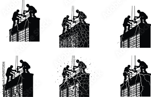 Silhouette vector illustration of construction workers inspecting steel reinforcement bars on damaged high-rise structure with safety gear, teamwork, danger, and industry