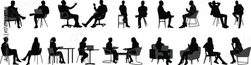 Silhouette of business people sitting on chairs and talking, working with laptops, communication and teamwork concept vector illustration design