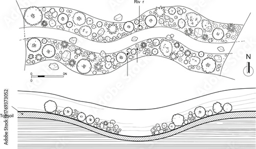 Landscape design plan featuring river and native shrubs