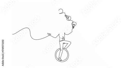 Animated self drawing of single one line drawing a man in casual clothes riding unicycle and juggling 5 light bulbs. Train balance and creativity. National Creativity Day. Full length animation