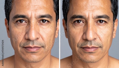 before and after of 50s man face with wrinkles, eye bags, cosmetic procedure and treatment looking younger