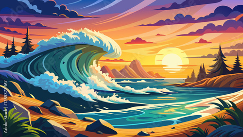 Very beautiful crashing wave at dawn in Cape Henlopen State Park, Delaware, USA, where the soft golden sunrise meets the tranquil ocean horizon, creating a breathtaking coastal morning atmosphere.