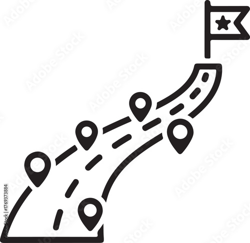 roadmap with pins marking a route to a destination flag with a star icon on