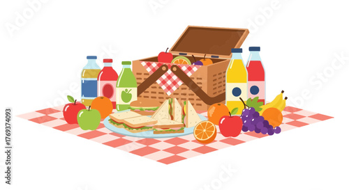 A cheerful picnic basket overflows with sandwiches, fruits, and drinks on a checkered blanket.