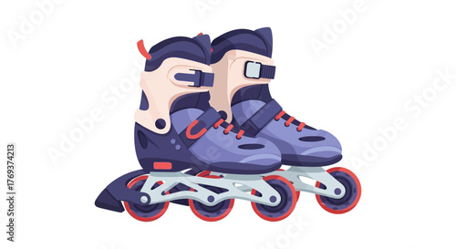A pair of inline roller skates rests on a white background, ready for action.