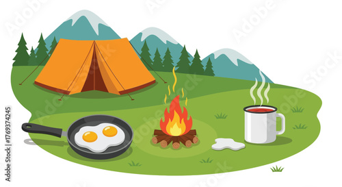 A cozy campsite features a tent, campfire, frying pan with eggs, and a hot drink.