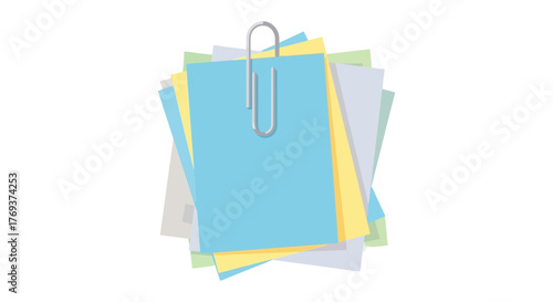 A stack of colorful paper notes held together by a single silver paperclip on a white background.
