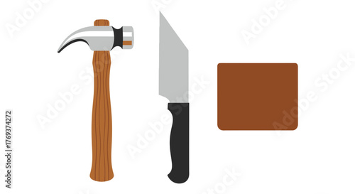 A hammer, a knife, and a brick are displayed against a white background.